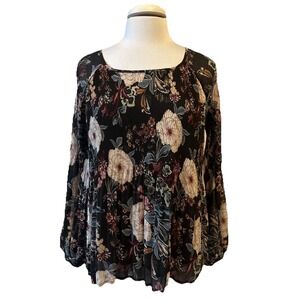 One Hart Sheer Pleated Cold Shoulder Balloon Sleeve Floral Blouse Women's S Boho